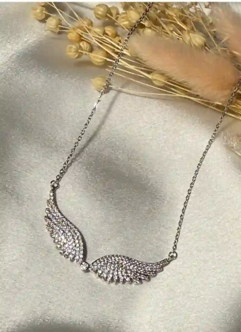 Hi Angel S. – Ασημί Ατσάλινο Κολιέ Φτερά με Ζιργκόν